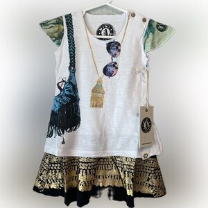 NWT Summer Fashionista Dress, Mini Shatsu, Size 12M/1Y, white and gold